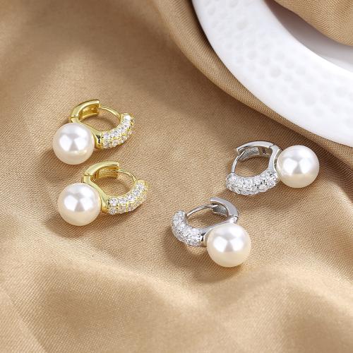 Cubic Zirconia Micro Pave Brass Earring, with Plastic Pearl, fashion jewelry & micro pave cubic zirconia & for woman 9mm 