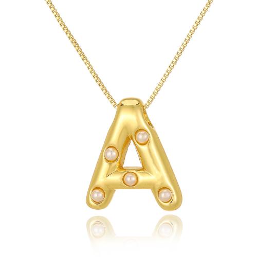 Brass Jewelry Necklace, with Plastic Pearl, Alphabet Letter, gold color plated, fashion jewelry & letters are from A to Z & for woman Approx 45 cm 