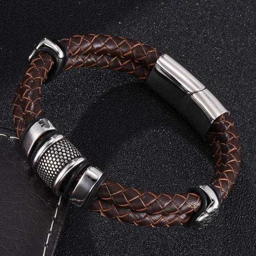 bracelet de cordon en PU , Acier inoxydable 304, avec cuir PU, Placage ionique sous vide, normes différentes pour le choix & pour homme, plus de couleurs à choisir, Vendu par PC[