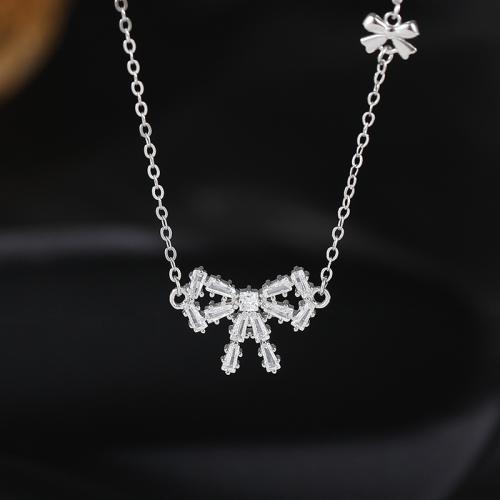 925 Sterling Silver Necklace, with 2inch extender chain, Bowknot, platinum plated, oval chain & micro pave cubic zirconia & for woman Approx 15.7 Inch 