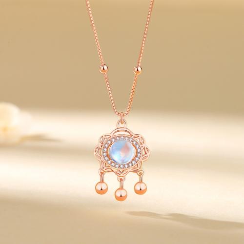 925 Sterling Silver Necklace, with Moonstone, with 2inch extender chain, Longevity Lock, rose gold color plated, box chain & micro pave cubic zirconia & for woman Approx 15.7 Inch 