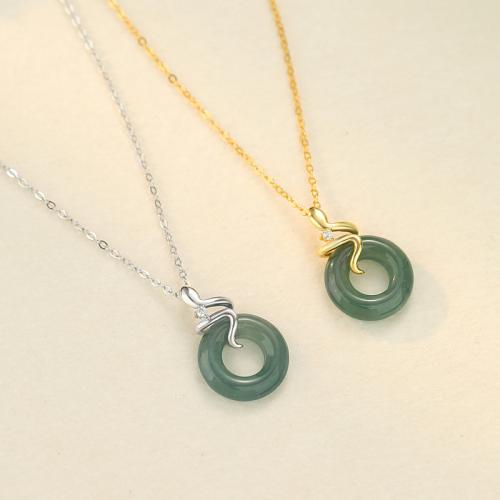 925 Sterling Silver Necklace, with Jadeite, with 2inch extender chain, Snake, oval chain & micro pave cubic zirconia & for woman Approx 15.7 Inch 