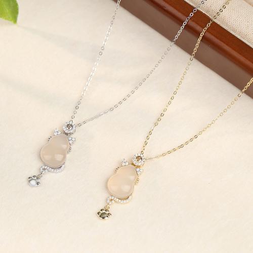 925 Sterling Silver Necklace, with White Chalcedony, with 2inch extender chain, Cat, oval chain & micro pave cubic zirconia & for woman Approx 15.7 Inch 