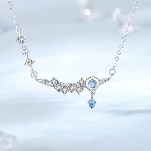 925 Sterling Silver Necklace, with Glass, with 2inch extender chain, Star, platinum plated, oval chain & micro pave cubic zirconia & for woman Approx 15.7 Inch 