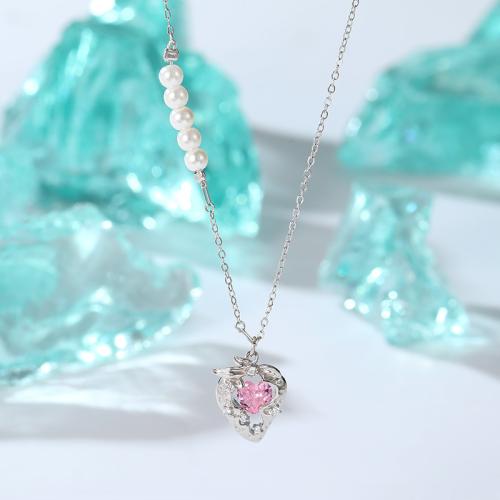 925 Sterling Silver Necklace, with Plastic Pearl, with 2inch extender chain, Strawberry, oval chain & micro pave cubic zirconia & for woman Approx 15.7 Inch 