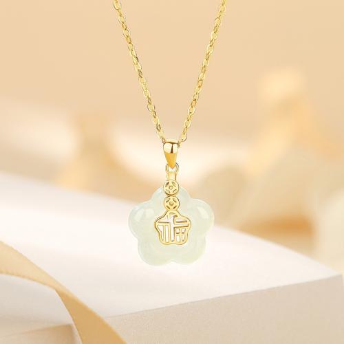 Argent sterling 925 collier, avec Hetian Jade, avec 2inch chaînes de rallonge, fleur, Placage de couleur d'or, chaîne ovale & pour femme & creux Environ 15.7 pouce, Vendu par PC