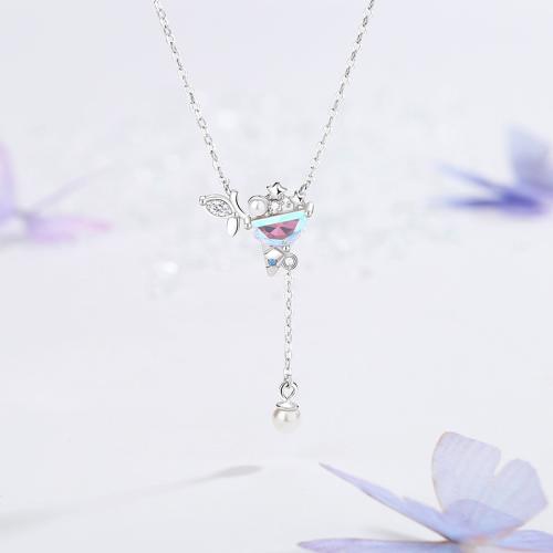 925 Sterling Silver Necklace, with Glass & Plastic Pearl, with 2inch extender chain, Ice Cream, platinum plated, oval chain & micro pave cubic zirconia & for woman Approx 15.7 Inch 