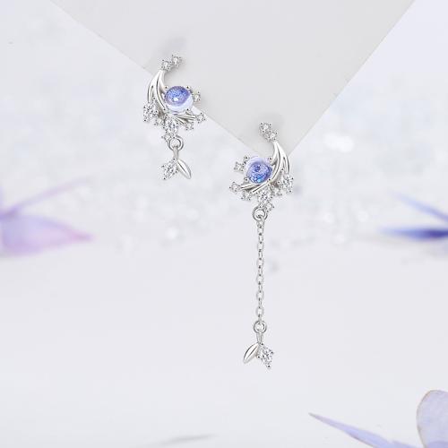 Argent sterling 925 Boucles d'oreilles asymétriques, avec verre, blé, Plaqué de platine, pavé de micro zircon & pour femme, left earring size right earring size Vendu par paire