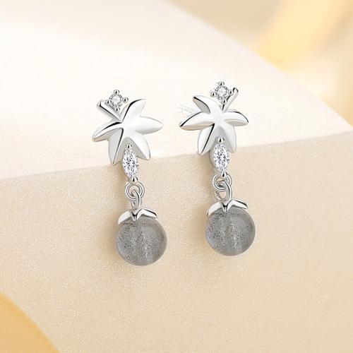 Argent sterling 925 Boucle d'oreille goutte, avec Moonstone, Feuille d'érable, Plaqué de platine, pavé de micro zircon & pour femme Vendu par paire