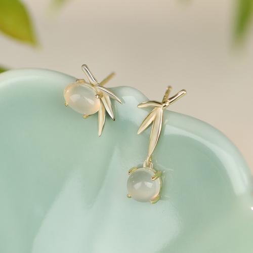 925 Sterling Silver Asymmetric Earrings, with White Chalcedony, Leaf, gold color plated, fashion jewelry & for woman, long earring size short earring size 