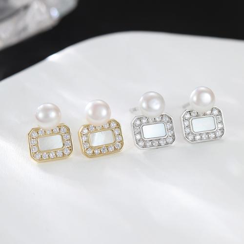 Argent sterling 925 boucle d oreille dormeuse, avec coquille blanche & perle d'eau douce cultivée, Bouteille de parfum, pavé de micro zircon & pour femme, plus de couleurs à choisir Vendu par paire