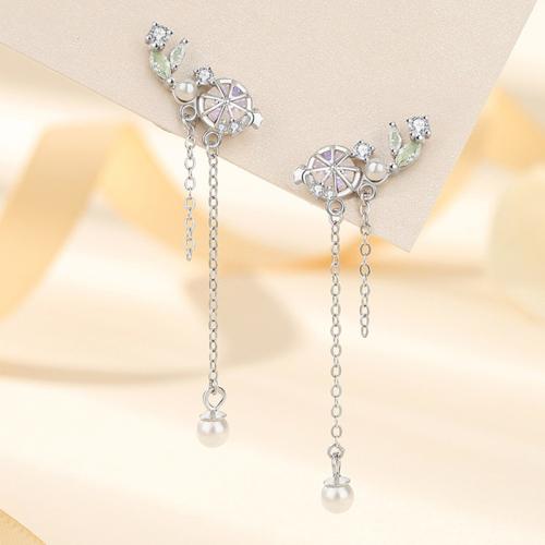 925 Sterling Silver Tassel Earring, with Glass & Plastic Pearl, Lemon, platinum plated, micro pave cubic zirconia & for woman [