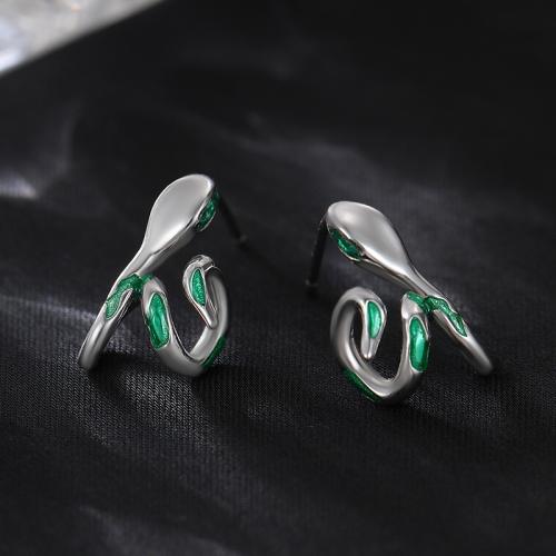 Argent sterling 925 boucle d oreille dormeuse, serpent, Plaqué de platine, pavé de micro zircon & pour femme & émail Vendu par paire