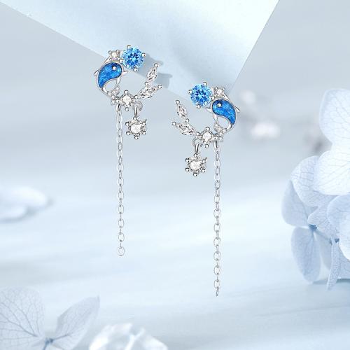 925 Sterling Silver Drop Earring, Dolphin, platinum plated, micro pave cubic zirconia & for woman & enamel [