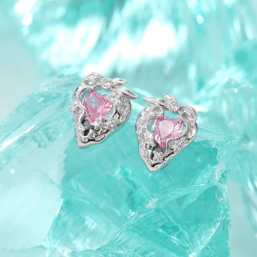 925 Sterling Silver Stud Earring, Strawberry, micro pave cubic zirconia & for woman & hollow, silver color [