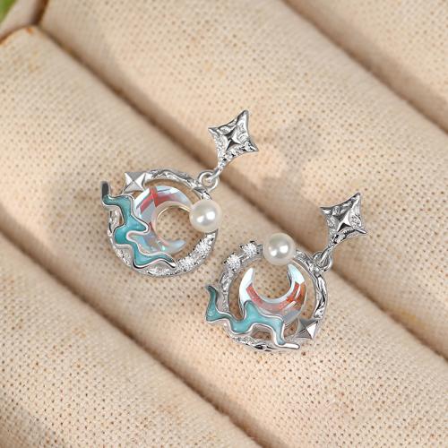 Argent sterling 925 Boucle d'oreille goutte, avec verre & perle de plastique, Lune et Etoile, Plaqué de platine, pavé de micro zircon & pour femme & émail Vendu par paire