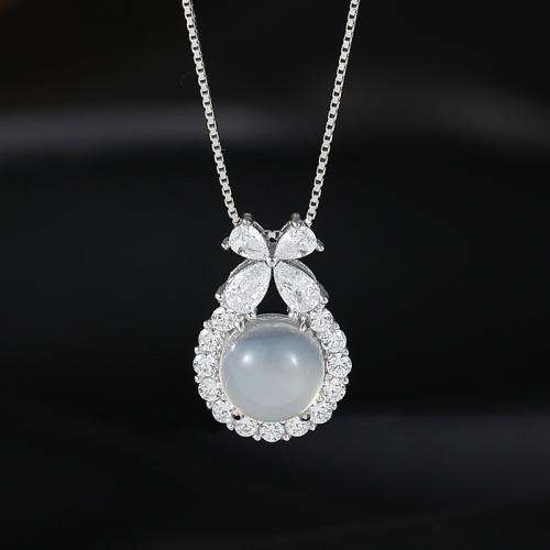 925 Sterling Silver Necklace, with White Chalcedony, with 2inch extender chain, Bowknot, platinum plated, box chain & micro pave cubic zirconia & for woman Approx 15.7 Inch [