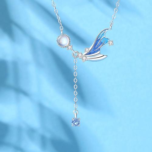 925 Sterling Silver Necklace, with Glass, with 2inch extender chain, Mermaid tail, platinum plated, oval chain & micro pave cubic zirconia & for woman & enamel Approx 15.7 Inch 