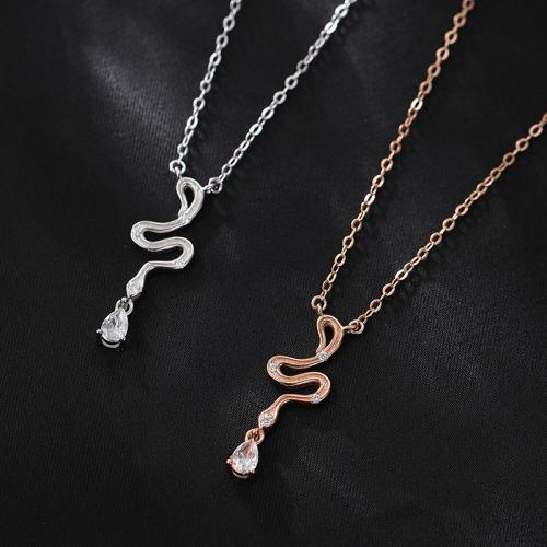 925 Sterling Silver Necklace, with 2inch extender chain, Snake, oval chain & micro pave cubic zirconia & for woman Approx 15.7 Inch 