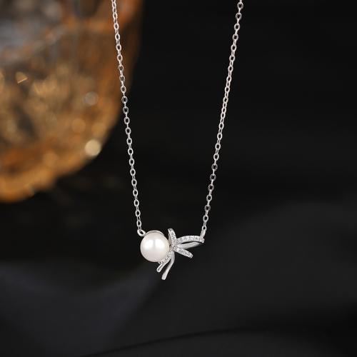 925 Sterling Silver Necklace, with Plastic Pearl, with 2inch extender chain, Bowknot, platinum plated, oval chain & micro pave cubic zirconia & for woman Approx 15.7 Inch 