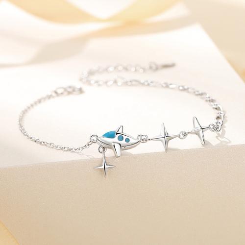 925 Sterling Silver Bracelet, with 1.6inch extender chain, Airplane, platinum plated, for woman & epoxy gel Approx 6.1 Inch 