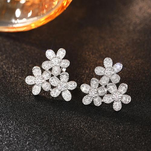 Boucles d'oreilles en laiton zircon cubique pavent, fleur, bijoux de mode & pavé de micro zircon & pour femme, 19mm, Vendu par paire[