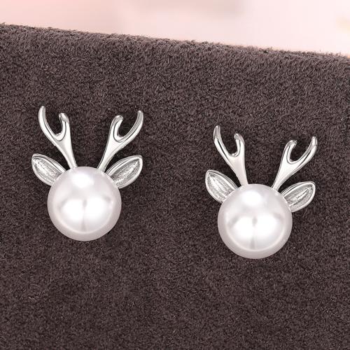 Brass Stud Earring, with Plastic Pearl, fashion jewelry & for woman, 14mm 