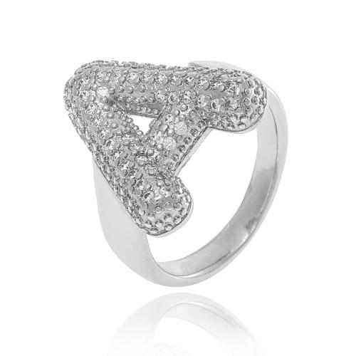 Cubic Zirconia Micro Pave Brass Finger Ring, Alphabet Letter, silver color plated, Adjustable & fashion jewelry & letters are from A to Z & micro pave cubic zirconia & for woman 