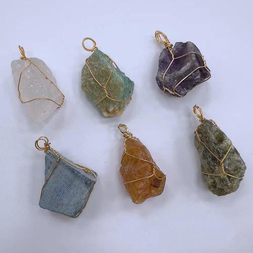 Gemstone Brass Pendants, Natural Stone, with Brass & Iron & Zinc Alloy, irregular, gold color plated, DIY mm 