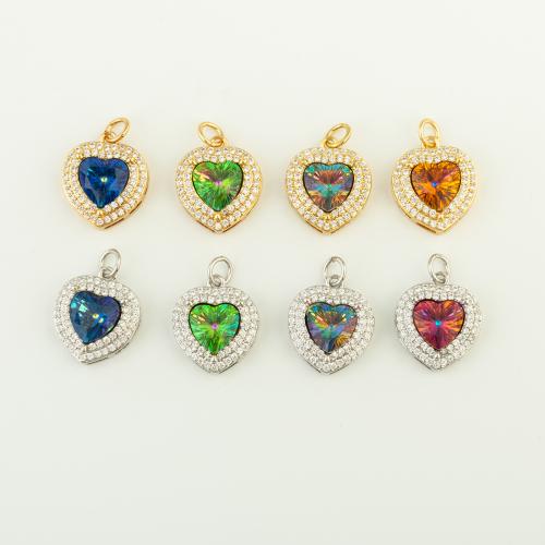 Cubic Zirconia Micro Pave Brass Pendant, with Glass, Heart, silver color plated, DIY & micro pave cubic zirconia, blue 