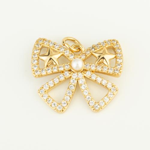 Cubic Zirconia Micro Pave Brass Pendant, with Plastic Pearl, Bowknot, gold color plated, DIY & micro pave cubic zirconia 