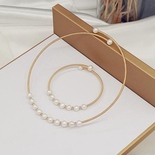 Brass Freshwater Pearl Jewelry Sets, collar & bangle, with Freshwater Pearl, gold color plated, 2 pieces & fashion jewelry, golden, Collar 12 cm,Bracelet inner 6 cm 