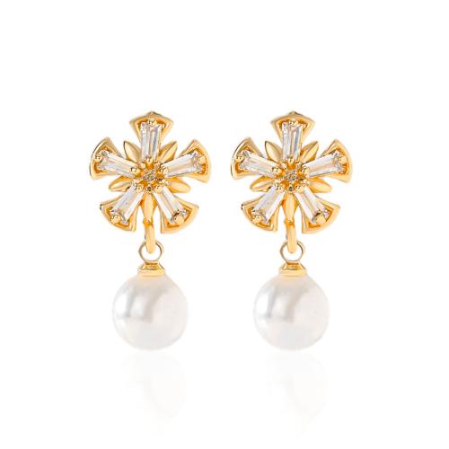 Cubic Zirconia Micro Pave Brass Earring, with Plastic Pearl, plated & micro pave cubic zirconia & for woman 