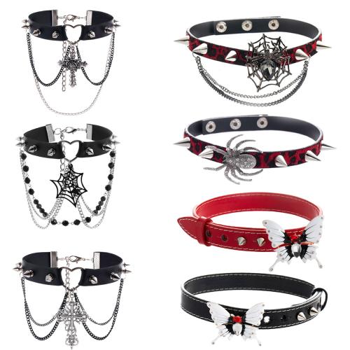 Mode Collier Choker, alliage de zinc, avec Cuir synthétique & pierre gemme & cristal, le style de punk & unisexe & styles différents pour le choix & émail & avec strass, plus de couleurs à choisir, Vendu par PC