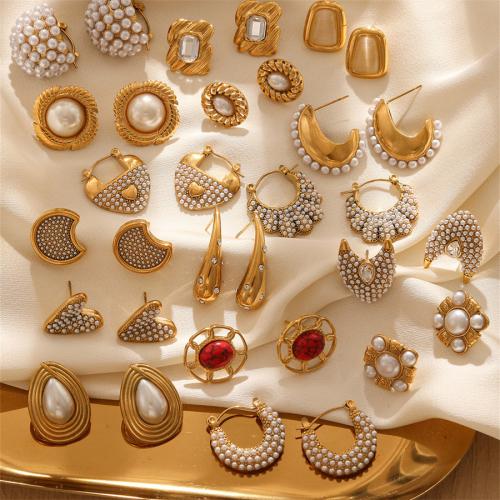 Stainless Steel Drop Earring, 304 Stainless Steel, with Plastic Pearl, 18K gold plated, fashion jewelry & for woman & with rhinestone, golden 