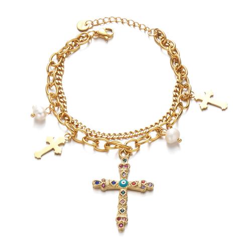 Acero inoxidable Pulsera con dijes, acero inoxidable 304, con Perlas plásticas, con 3cm extender cadena, Cruces, Doble capa & Joyería & para mujer, dorado, longitud:aproximado 17 cm, aproximado 18 cm, Vendido por UD[