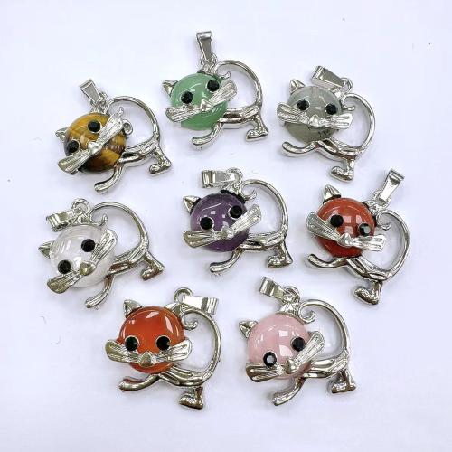 Gemstone Zinc Alloy Pendants, Natural Stone, with Zinc Alloy, Cat, silver color plated, DIY [