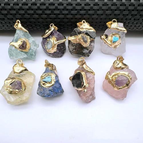 Gemstone Brass Pendants, Natural Stone, with Brass & Iron & Zinc Alloy, irregular, gold color plated, DIY mm 