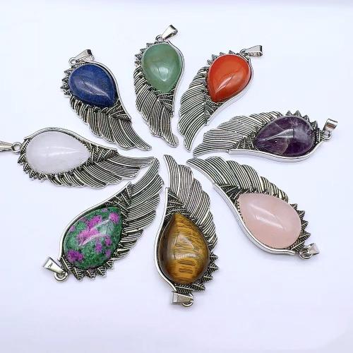 Gemstone Zinc Alloy Pendants, Natural Stone, with Zinc Alloy, Wing Shape, silver color plated, DIY [