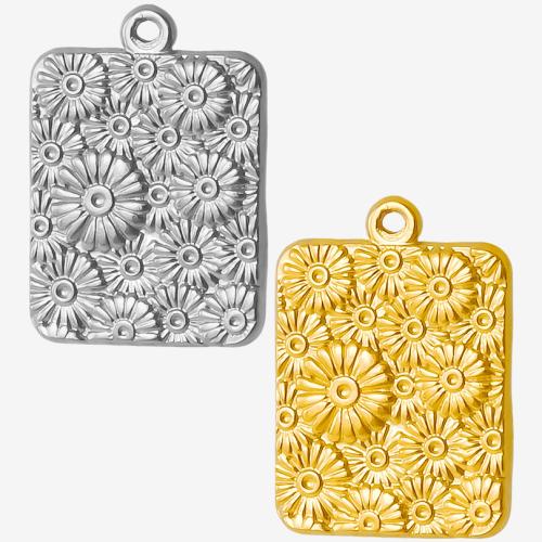 Stainless Steel Flower Pendant, 304 Stainless Steel, Rectangle, Vacuum Ion Plating, DIY 