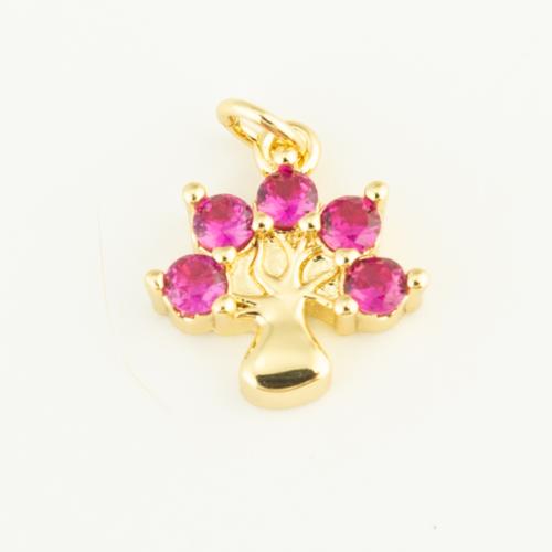 Cubic Zirconia Micro Pave Brass Pendant, Tree, gold color plated, DIY & micro pave cubic zirconia, pink 