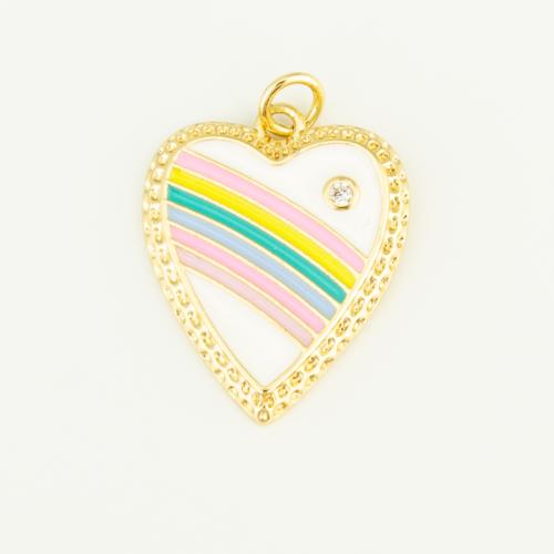 Enamel Brass Pendants, Heart, gold color plated, DIY & micro pave cubic zirconia, multi-colored 