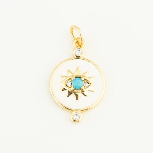 Cubic Zirconia Micro Pave Brass Pendant, with turquoise, Round, gold color plated, DIY & micro pave cubic zirconia & enamel, white 