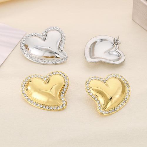 Stainless Steel Rhinestone Stud Earring, 304 Stainless Steel, Heart, Vacuum Ion Plating & for woman & with rhinestone 