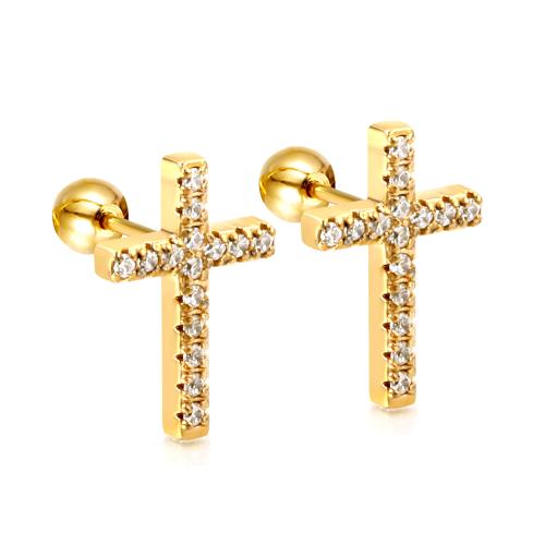 304 Stainless Steel Stud Earring, Cross, plated, fashion jewelry & for woman & with rhinestone 