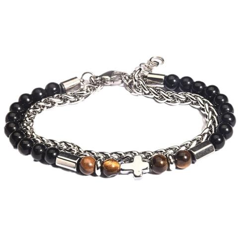 Bracelets en pierres précieuses, Acier inoxydable 304, avec oeil de tigre & pierre noire, avec 2inch chaînes de rallonge, croix, fait à la main, styles différents pour le choix & pour homme Environ 7.5 pouce, Vendu par PC