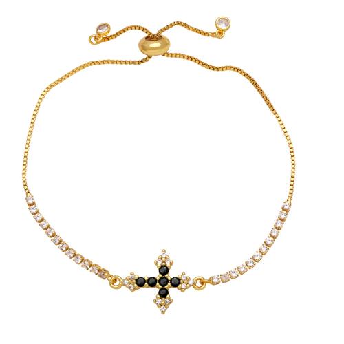 Copper Bracelet, Cross, gold color plated, box chain & micro pave cubic zirconia & for woman Approx 9.4 Inch 