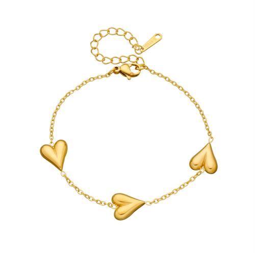 Stainless Steel Chain Bracelets, 304 Stainless Steel, with 6.5cm extender chain, Heart, gold color plated, fashion jewelry & for woman, golden, 10mm Approx 17 cm 