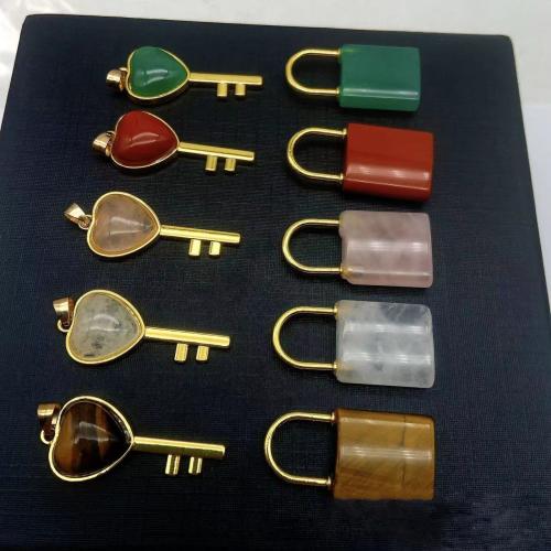 Gemstone Brass Pendants, Natural Stone, with Brass & Iron & Zinc Alloy, gold color plated, 2 pieces & DIY Key 38*17mm,Lock 35*18mm 