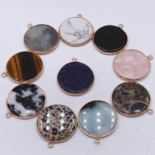 Gemstone Brass Pendants, Natural Stone, with Brass & Iron, Flat Round, gold color plated, DIY 30mm 